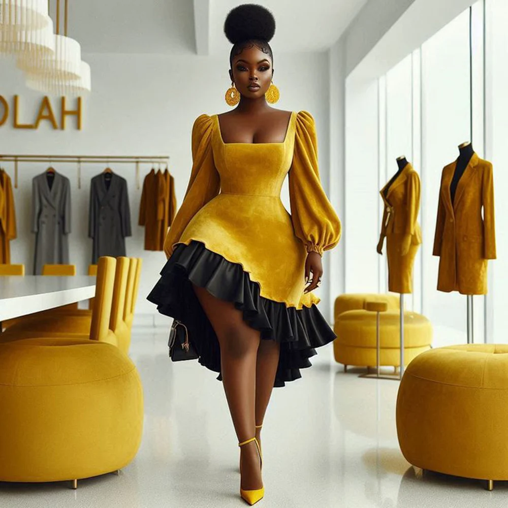 

Gold Velvet Square Neckline Prom Dresses Puffy Long Sleeves Ruffles High Low Evening Gowns Plus Size Women Cocktail Party Dress