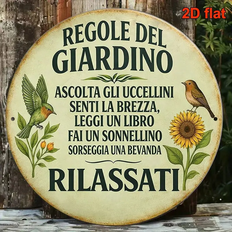 2D Flat Round Aluminum Sign, Vintage Decorative Plaque with Garden Rules, Sunflower and Bird Relaxation Rules Decorative Sign