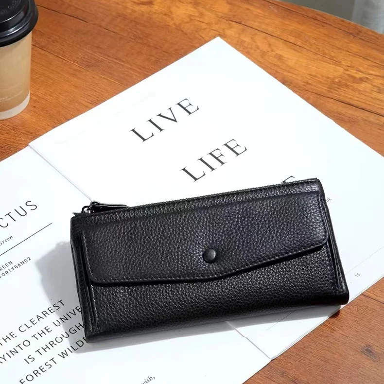 Dompet Wanita Dompet Ritsleting Ganda Panjang Kulit Sapi Tas Tempat Kartu Kredit Kapasitas Besar Warna Polos Sederhana dengan Saku Koin