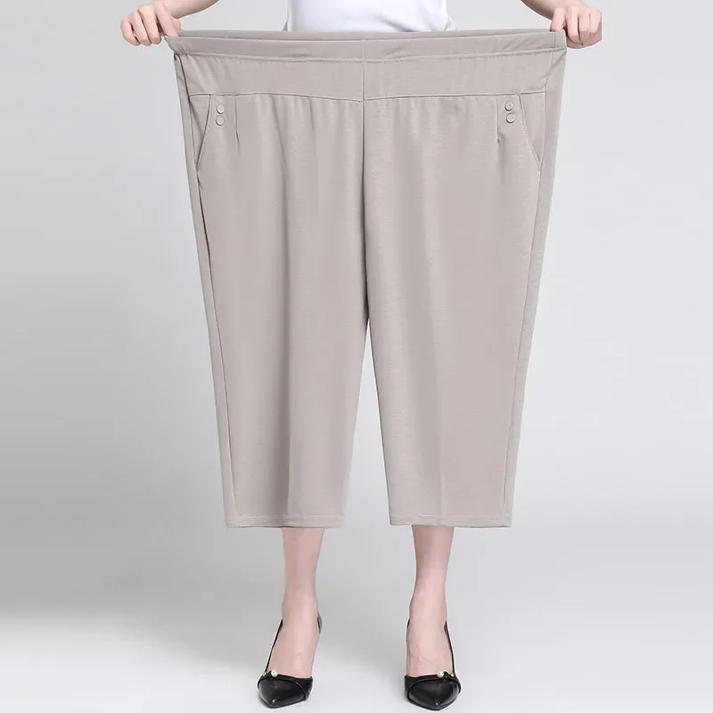 Women's Summer Thin Loose Cropped Pants Elastic Waist Plus Size Casual Trousers For Middle-aged Elderly