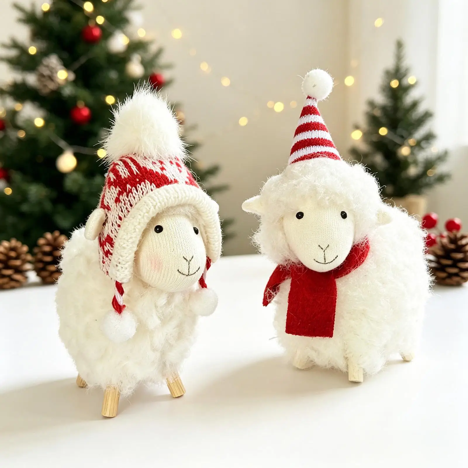 Weihnachtliches Schaf-Ornament, Flauschige Lammfigur, Hängedekoration, Rote Strickmütze, Niedliche Tierskulptur, Feiertagsparty-Heimdekoration