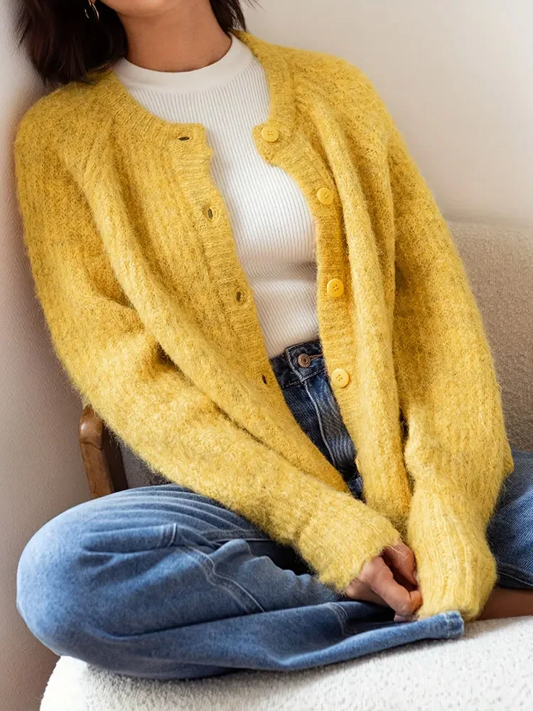 

Pop New Round Neck Button Knitted Long Sleeve Cardigan Fashion Elegant Items Top Winter Clothes Woman Soft Yellow Warm Sweater C
