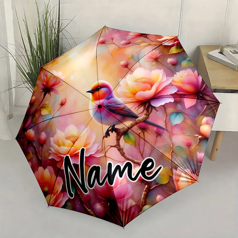 Custom Name Elegant Floral Bird Umbrella Design 8 Iron Ribs Folding Umbrella Auto-Open Fashionable Sunshade Deluxe Gift
