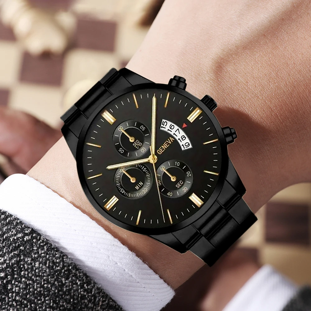 Fashion Men Black Stainless Steel Watch Luxury Calendar Quartz Wrist Watch Mens Business Watches for Man Clock Relogio Masculino