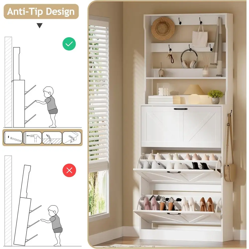Armário de armazenamento de sapatos que economiza espaço com cabide e 3 prateleiras, branco