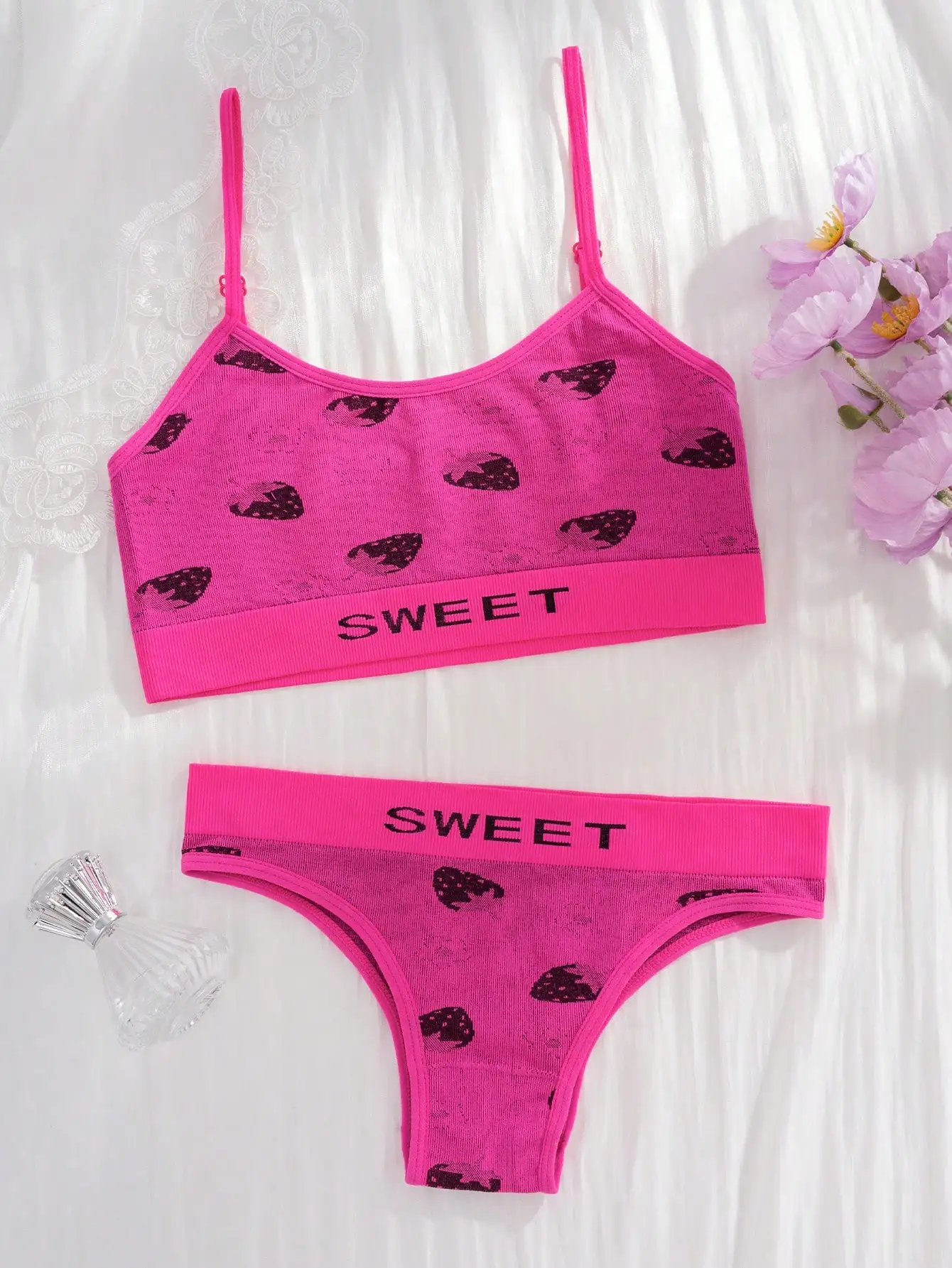 Hot Pink Strawberry SWEET Letter Lingerie Set For Women Wire Free Rib Knit Adjustable Thin Straps Removable Pads Teen Bralette T