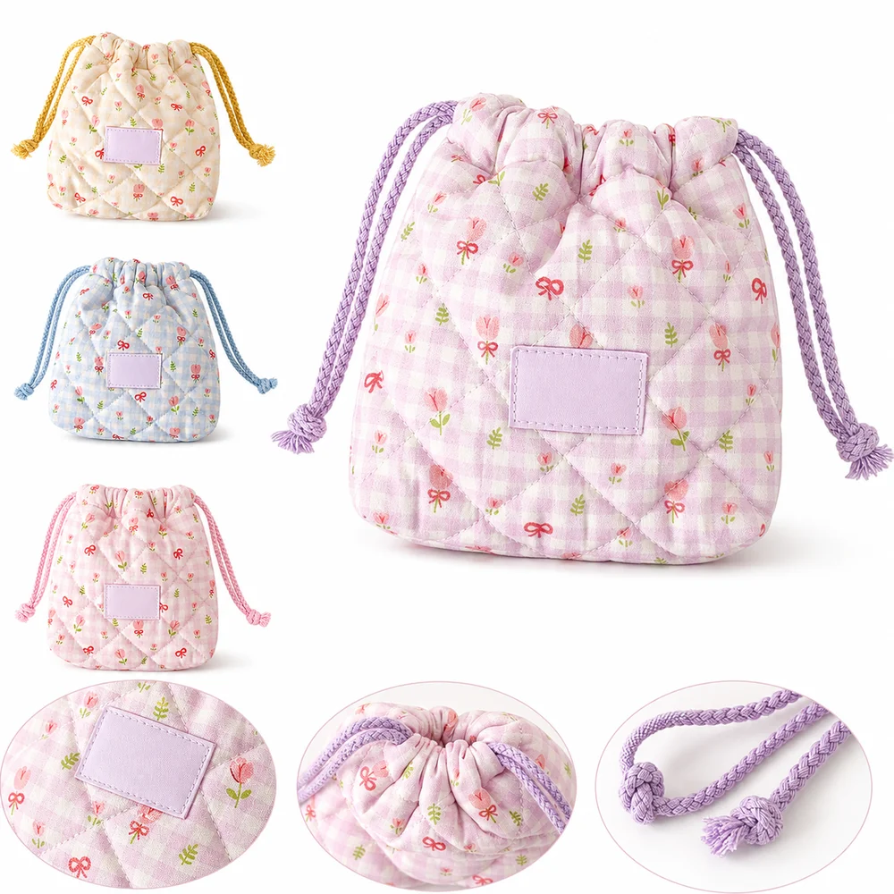 Quilted Fabric Drawstring Camera Pouch Soft Padded Floral Pattern Camera Storage Bag Portable Camera Case Accessory Organization