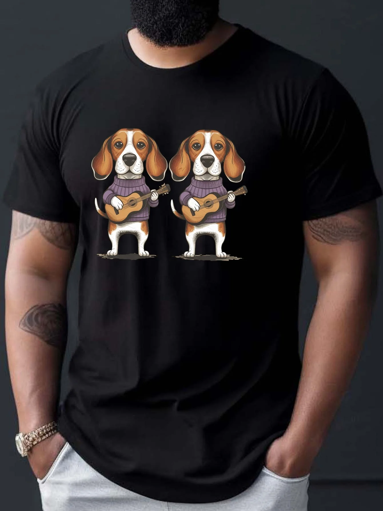 Cartoon Beagle Puppies With Guitar Print Men Short Sleeve Tshirt Music Pet O Neck Tee Dog Fan Casual Male Street Fashion Tops