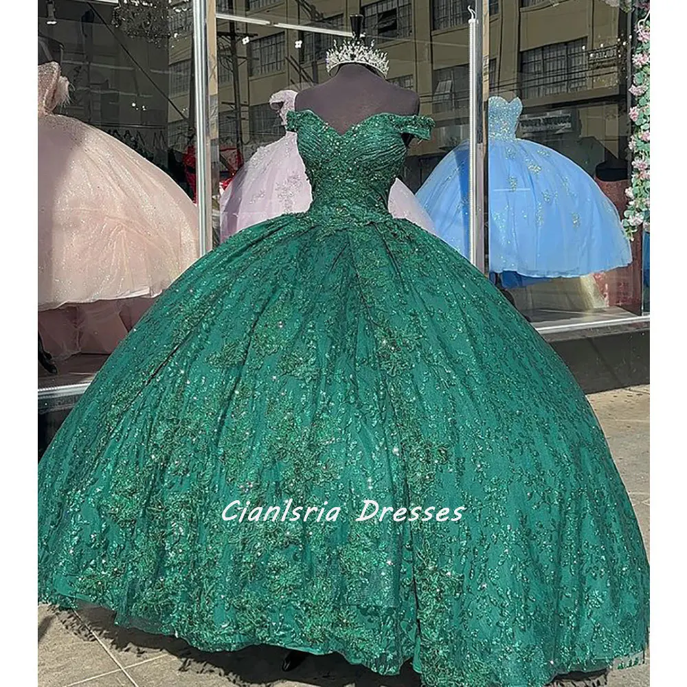 Emerald Green Detachable Long Sleeve Quinceanera Dresses Ball Gown Sequined Appliques Lace Pleat Corset Vestidos De XV Anos