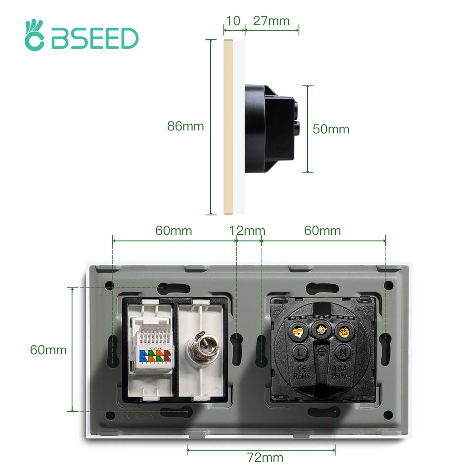 Bseed Europe Standard Double Wall Socket With TV Computer Plug Sockets Triple USB Type-C Charge Ports With Crystal Glass Panel