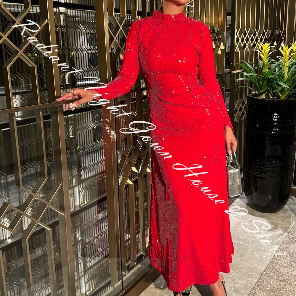 Customized Sequin Straight High Collar Evening Dress Floor Length Long Sleeves Zipper Back Red Modern Vestidos para mujer