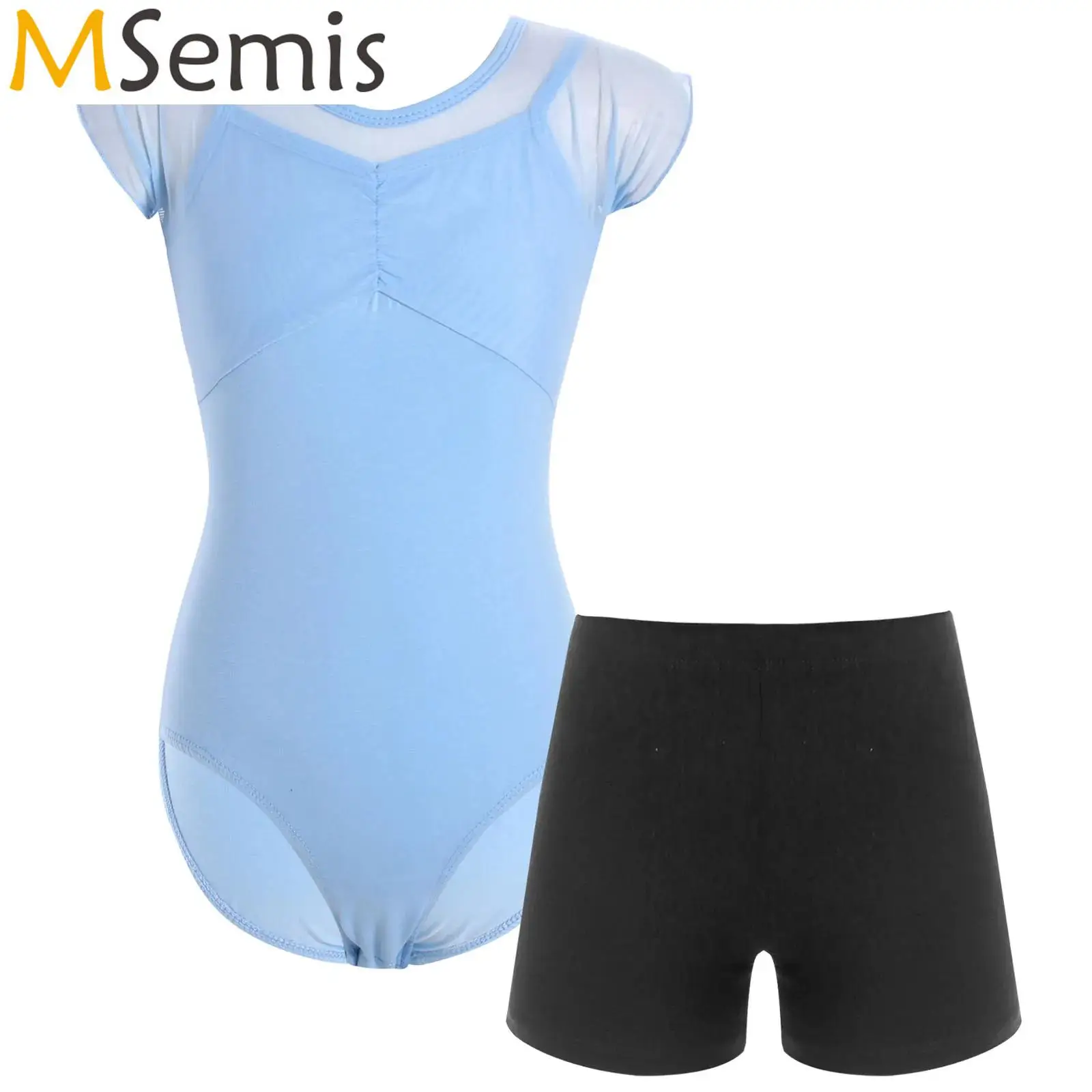 Niños Niñas gimnasia Ballet danza práctica traje de calentamiento recortado espalda malla transparente Patchwork Ballet Jersey leotardo con pantalones cortos