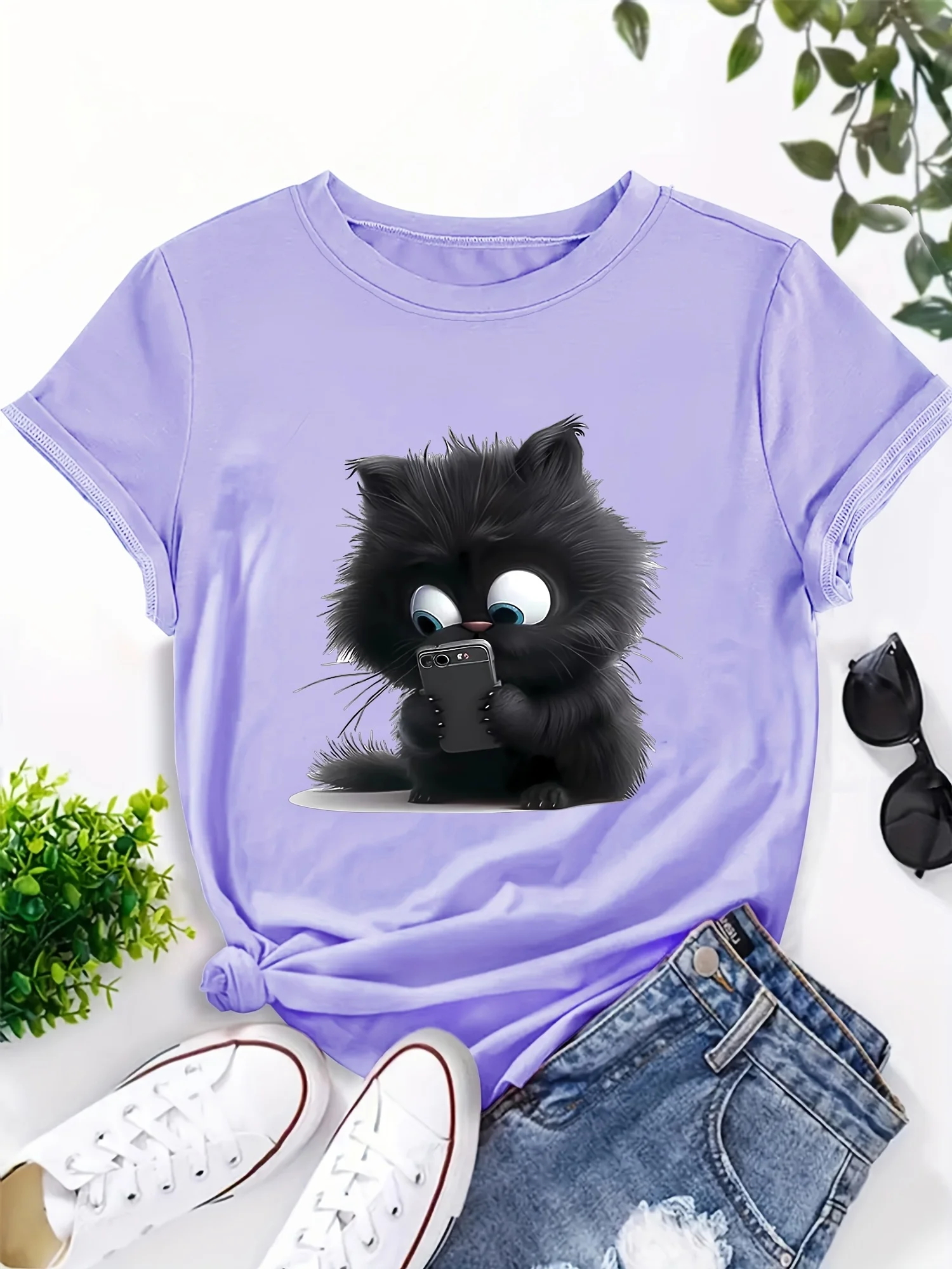 Fluffy Cat & Phone Women's Tee - Cute Cartoon Feline Graphic, Playful Print for Casual Daily Wear