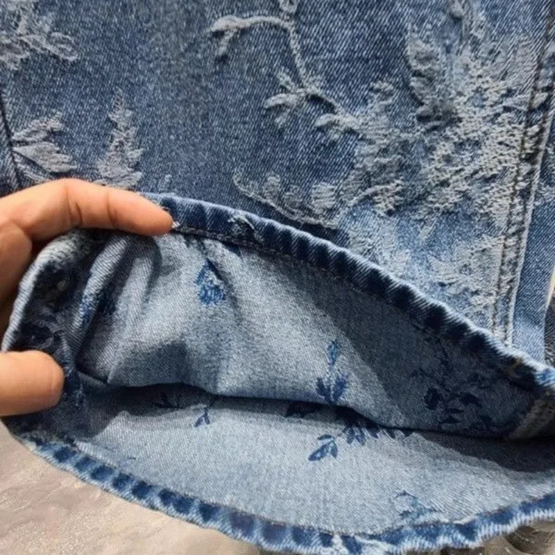 Koreanische Nische Jacquard Breite bein Jeans Frauen Sommer Hosen Neue Design Sinn High-taille Casual Gerade bein bodenlangen Hosen