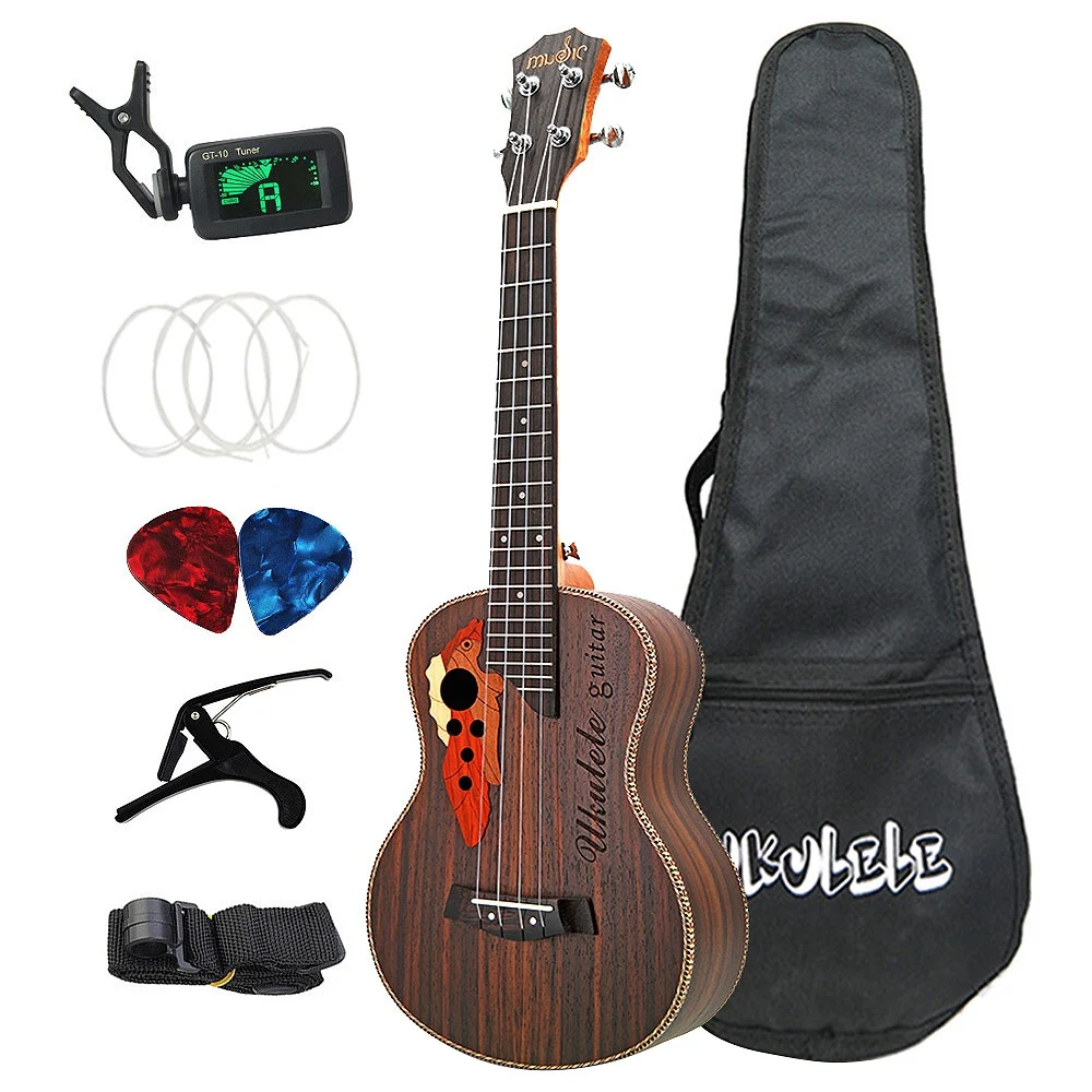 

26 Inch Tenor Ukulele Grape Sound Hole Hawaiian Guitar 4 Strings Rosewood Ukelele Set with Bag