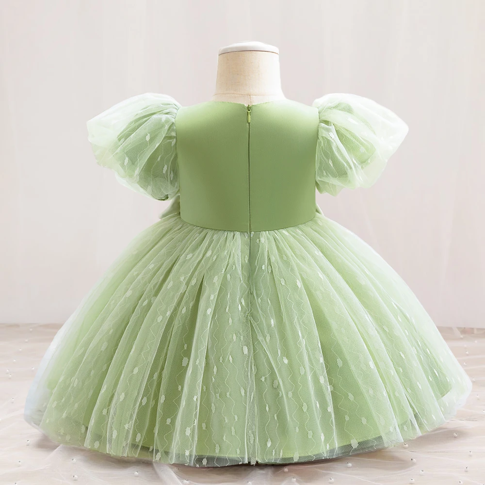 Summer Green 1st Birthday Dress For Baby Girl Clothes Ceremony Bow Princess Dress Baptism Girls Dresses Puff Sleeve Party Gown