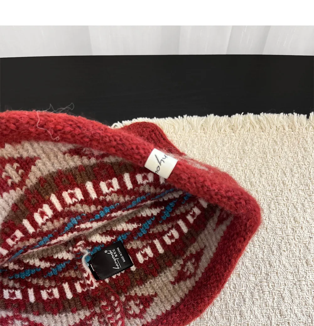 Niedliche Strickmützen mit Katzenohren im Fair-Isle-Stil für Damen, Vintage, ethnisch, geometrisches Jacquardmuster, warme Wintermütze, weiche Kopfbedeckung, Streetwear. – Detail 11