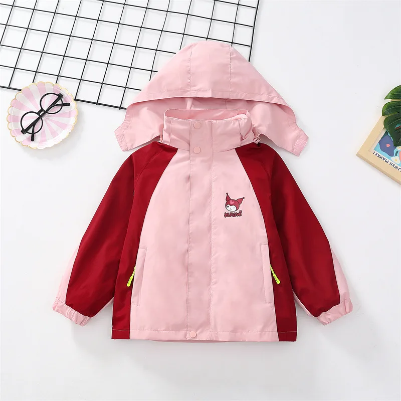 

Kuromi Girls Coat Windproof Coat Sanrio Autumn and Winter Plus Velvet Warm Hooded Removable Jacket Coat Girl Clothing Gift