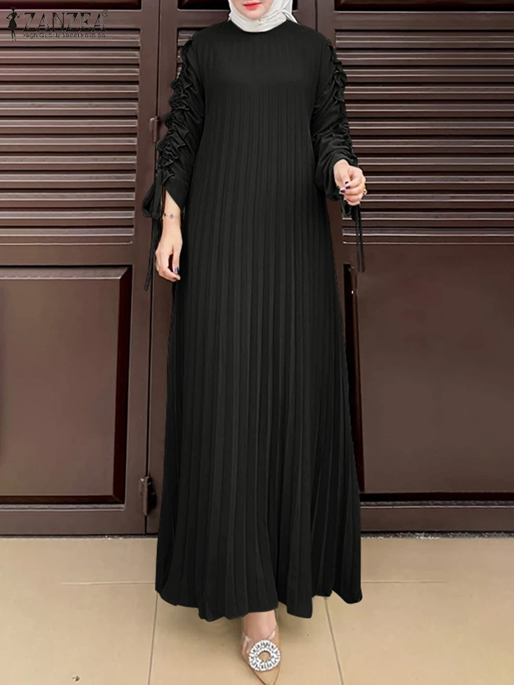 Muzułmańskie hidżab sukienki Abaya ZANZEA wiosna Maxi Sundress kobiety moda z długim rękawem plisowana sukienka na imprezę islamska odzież szata Femme — zdjęcie 4