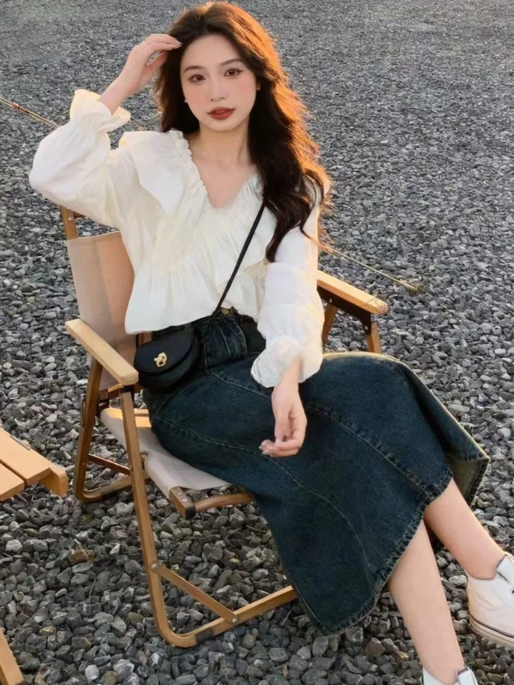 

Faionable V-Ne Long Sve irt And High Waist Denim Fi Tail Skirt Two-Piece Set Women's Spring Collection Ele