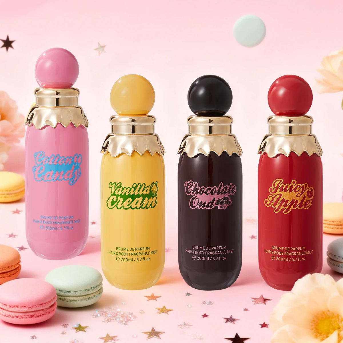 Ambientador en Aerosol para Auto en 4 Aromas: Algodón de Azúcar/Vainilla/Chocolate/Manzana, 200ml de Gran Capacidad, Fragancia para Cabello y Cuerpo