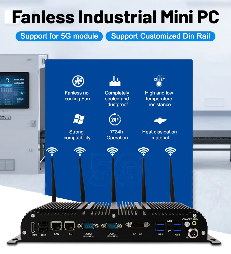 Dual 2.5G Lan Fanless Industrial Mini Computer Core i5 8260U i7 8565U i5 10210U i7 10610U 6xRs232 COM Expandable Embedded Box PC