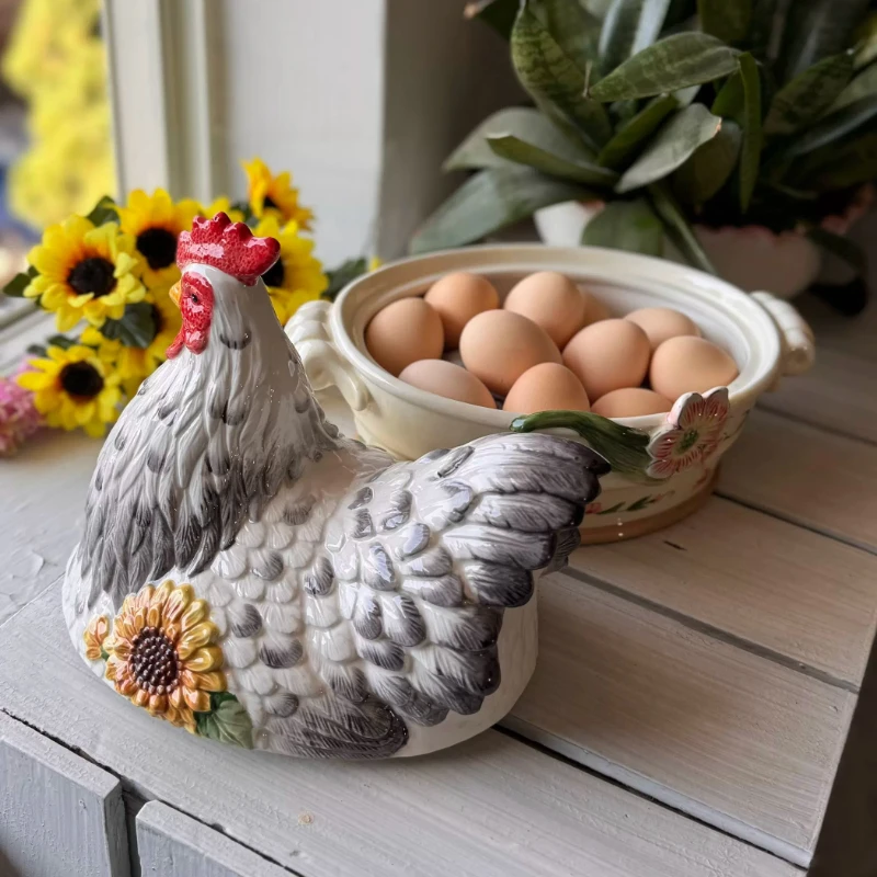 French Vintage Egg Container Ceramic with Cover Fruit Bowl Creative Hen Storage Tank Living Room Wine Cabinet Home Accessories
