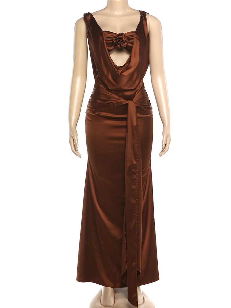 Elegancka długa sukienka damska Kliou z satyny jedwabnej, ozdobiona kwiatami 3D, z dekoltem typu swing, bez rękawów, z wysokim stanem, suknia wieczorowa, vestidos.