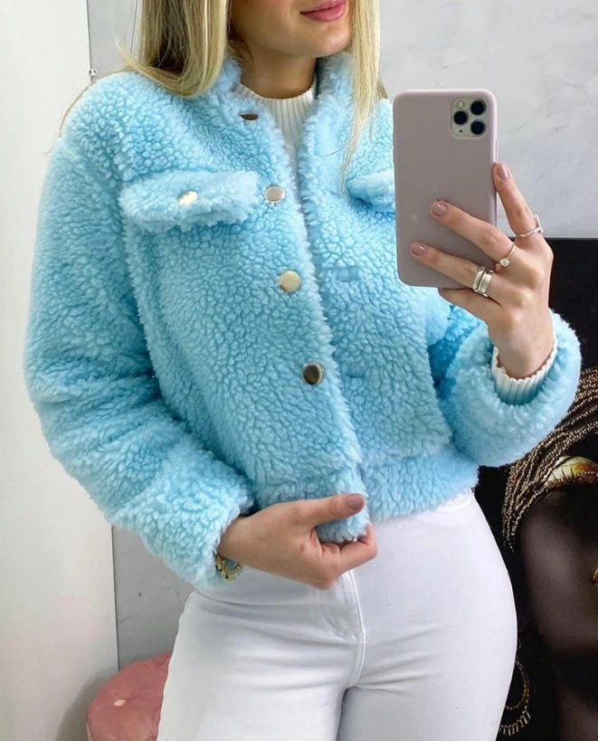 

Jackets for Women Autumn Fashion Button Pocket Decor Long Sleeve Casual Plain O-Neck Crop Daily Teddy Coat