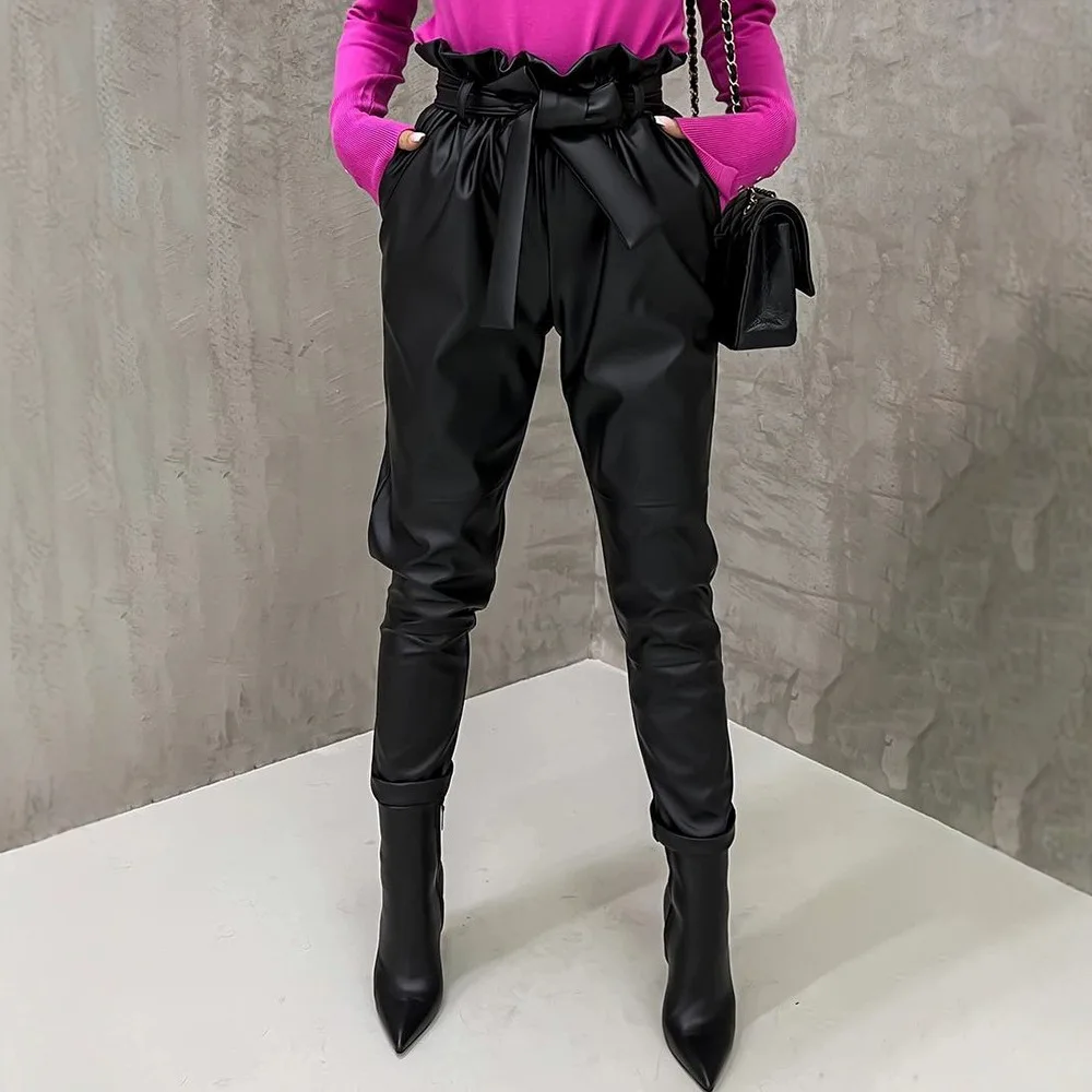 High Waist Pants Women Pu Leather Elegant 2024 Autumn New Fashion Casual Ruched with Belt Y2k Trousers for Female Streetwear