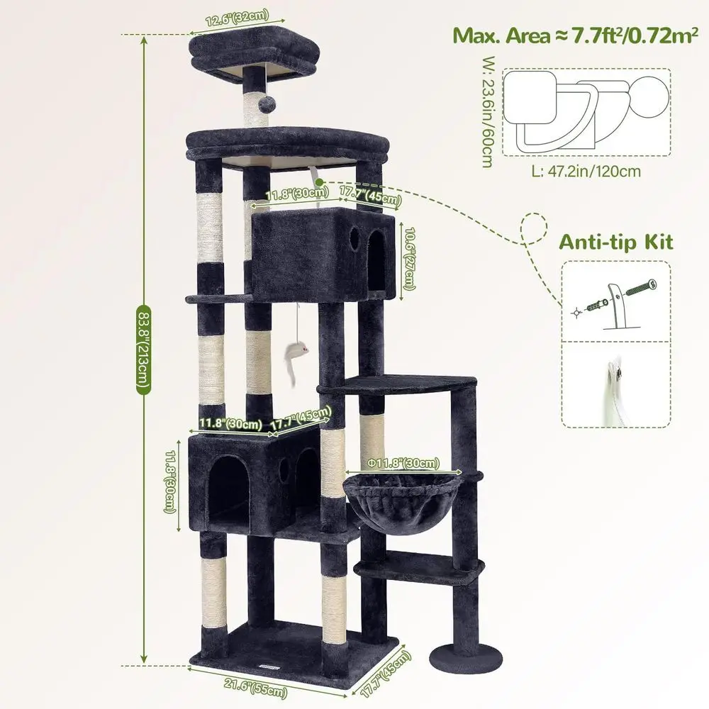 Extra-Large 83 Indoor Cat Tree with 9 Scratch Posts for Heavy Cats Over 20lbs, Dark Grey, F83