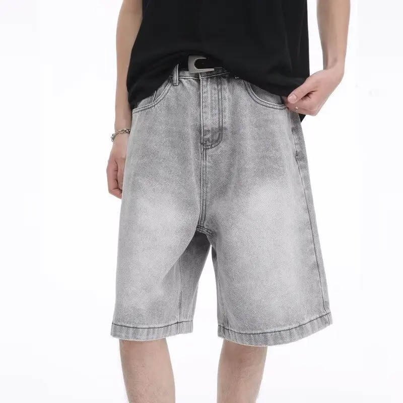 

Men's Summer New Trendy Simple and Versatile Five-Pocket Denim Pants with Washed Blue Vintage Effect and Distressed White Wash