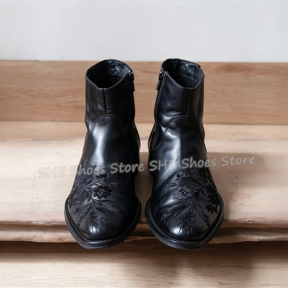 Floral Embroidered Black Pu Leather Ankle Boots Male Distressed High Top Side Zipper Short Boots British Style Motorcycle Boots