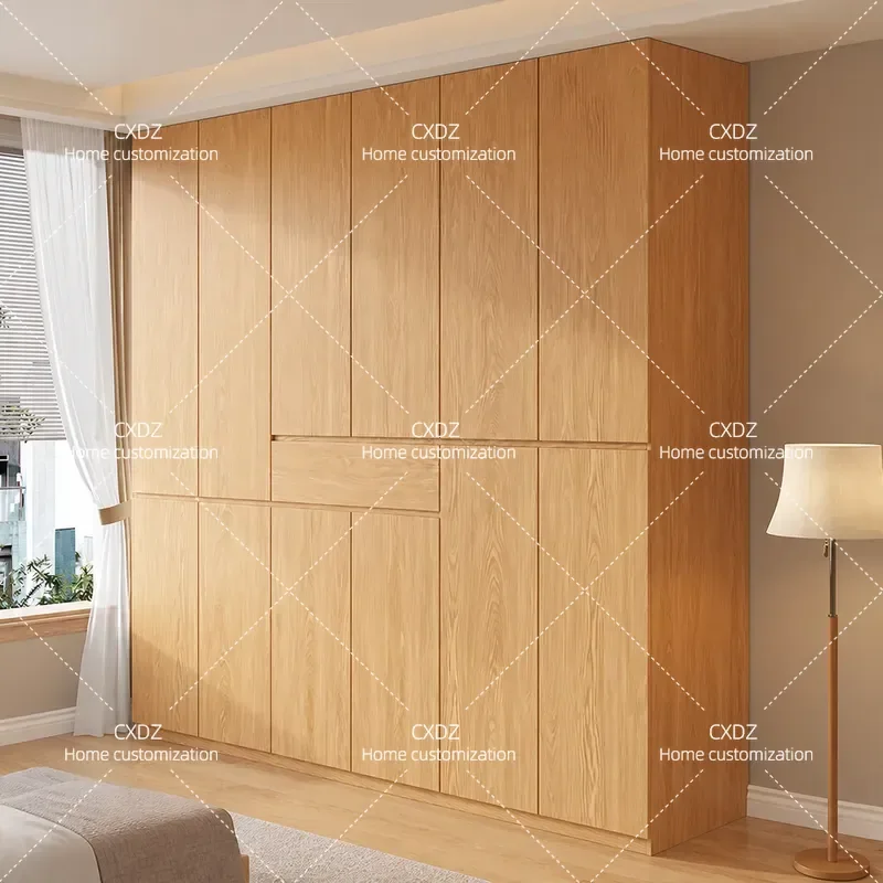 Segmented Oak Wardrobe Simple Pull Free Cabinet Master Bedroom Log Color Finished Storage Wardrobe