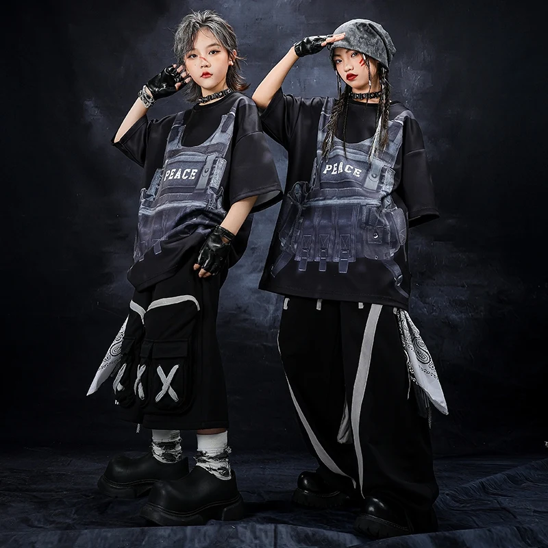 

Костюм в стиле хип-хоп, детская одежда для уличных танцев, одежда для выступлений на сцене, топ большого размера, футболка, черные брюки, джазовый наряд 2601