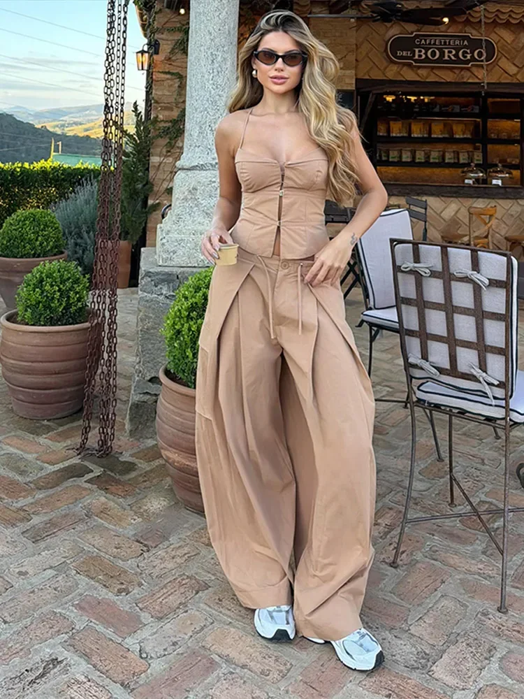 Sexy Lady Halter Crop Top Pant Sets Solid Sleeveless Chest Wrap Vest Lace Up Low Waist Wide Leg Pants Two Piece Set Women
