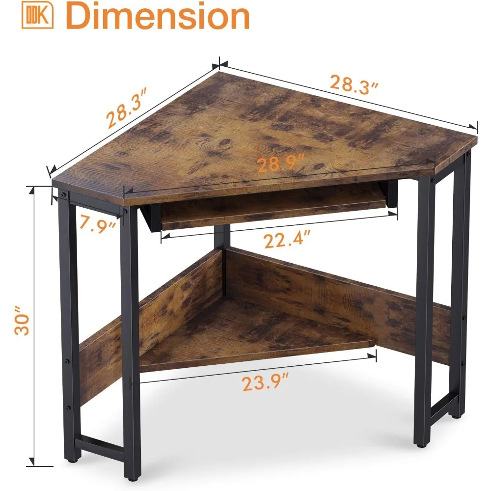 مكتب زاوية، مكتب كمبيوتر مثلث، مكتب صغير، محطة عمل بإطار فولاذي قوي مع صينية لوحة مفاتيح ناعمة ورف تخزين