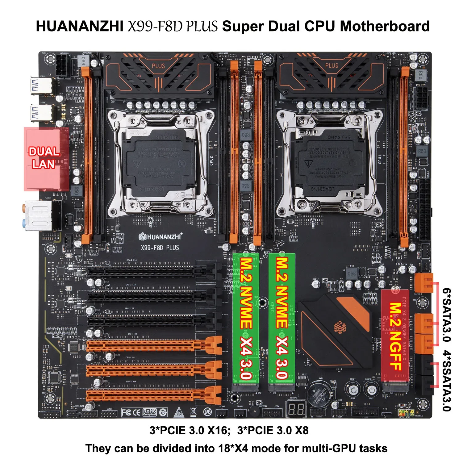 New Arrival HUANANZHI X99-F8D PLUS Super Dual CPU Motherboard LGA2011-3 3*M.2 SSD Slots 6*SATA3.0 3*PCIE3.0 X16 X8 Max RAM 256G