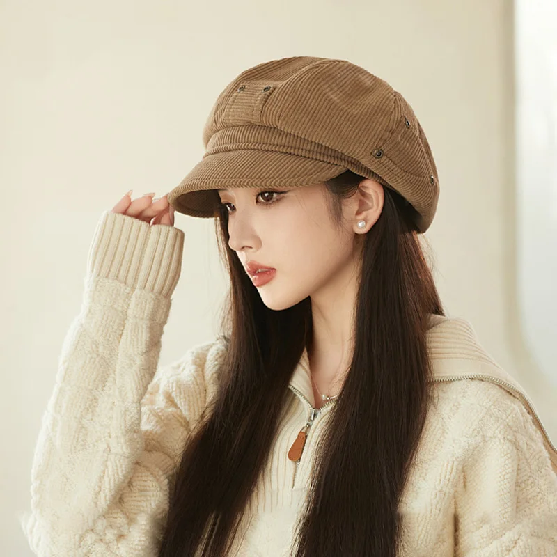 Autumn Winter Warm Beret for Women Thickened Corduroy Octagonal Hat Trendy Vintage Solid Color Berets Japanese Retro Painter Cap