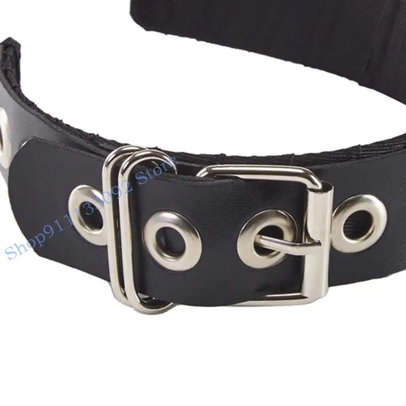 

H9ED Rock Headband PU Leather Headband Gothic Tiaras Leather Buckle Headband Steampunk PU Leather Headpiece Punk Headband