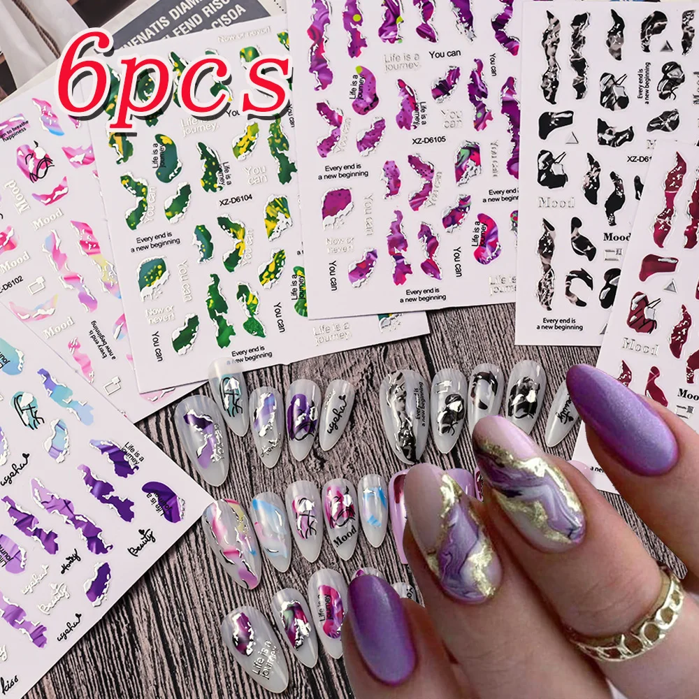 Autocollants 3D en marbre pour Nail Art, 6 feuilles, 10x8cm, auto-adhésifs, bronzants, or, argent, décalcomanies en acrylique, pointes françaises, DIY bricolage