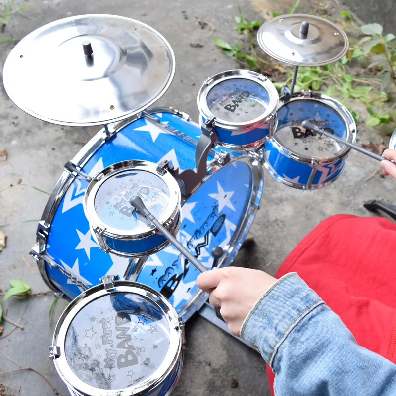5 6-Piece Kids Drum Set Drum Kit Jazz Drum Set with Folding Step Stool Cymbal Pedal Drumsticks Percussion Musical Instrument