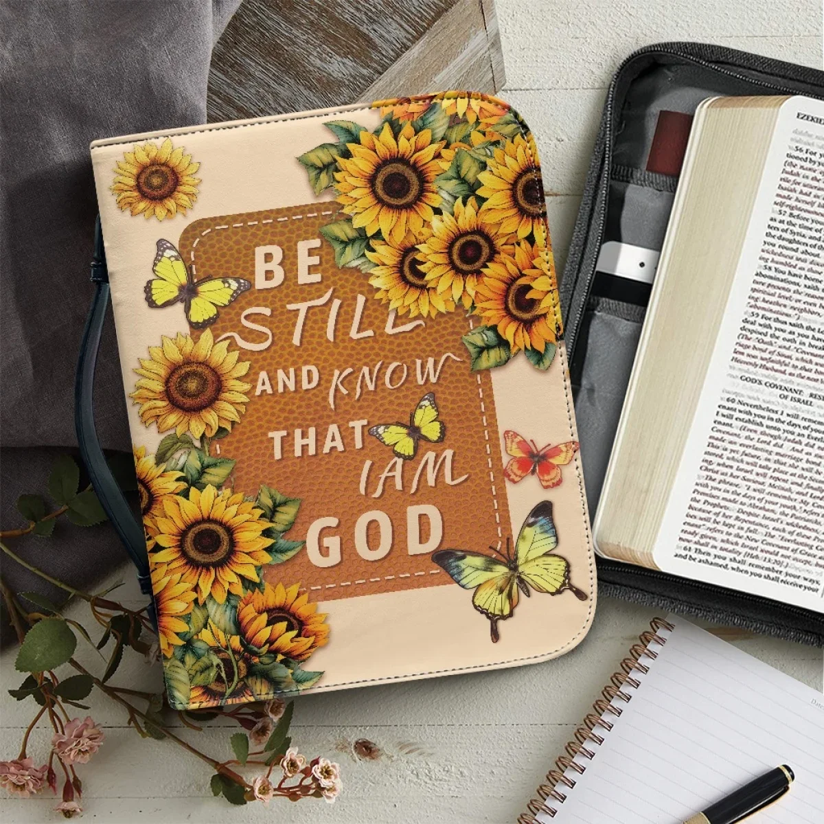 

Be Still and Know That I Am God Bibel Hymn Print Bible Storage Bag Sunflower Butterflies Design Customized Bible Cover Case 2024