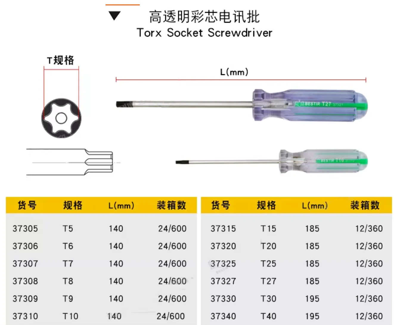 BESTIR Werkzeug transparenter Torx-Steckschlüsselschraubendreher T5 T6 T7 T8 T9 T10 T15 T20 T25 T27 T30 T40 Chrom-Vanadium-Stahl Nr. 37305 – Detail 2