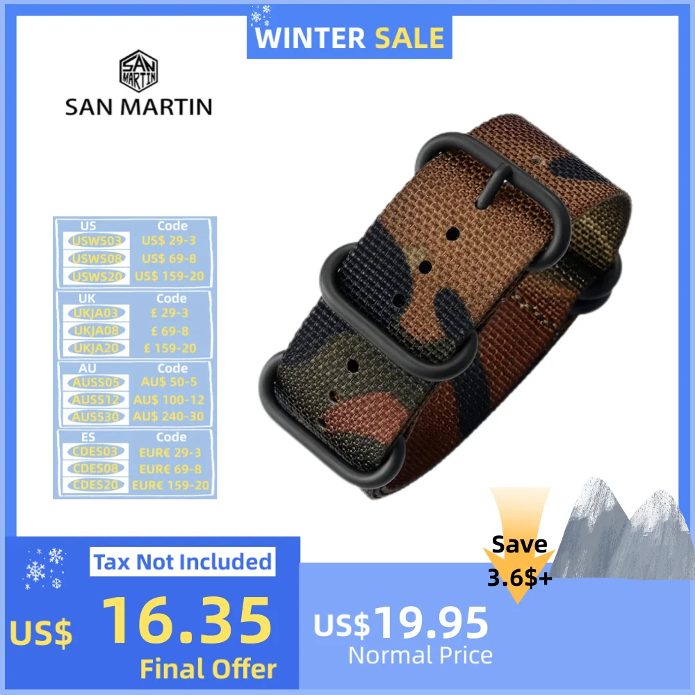 San Martin Military Nylon Strap For Watch 20mm 24mm Watchband Breathable Canvas Wrist Band Army Green Camouflage Pin Buckle Belt