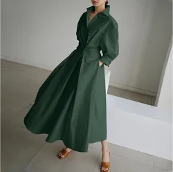 Autumn Cotton Dress Long Sleeve Solid Elegant Maxi Dresses For Women 2023 White Casual V Neck Shirt Party Long Dress Robe Femme