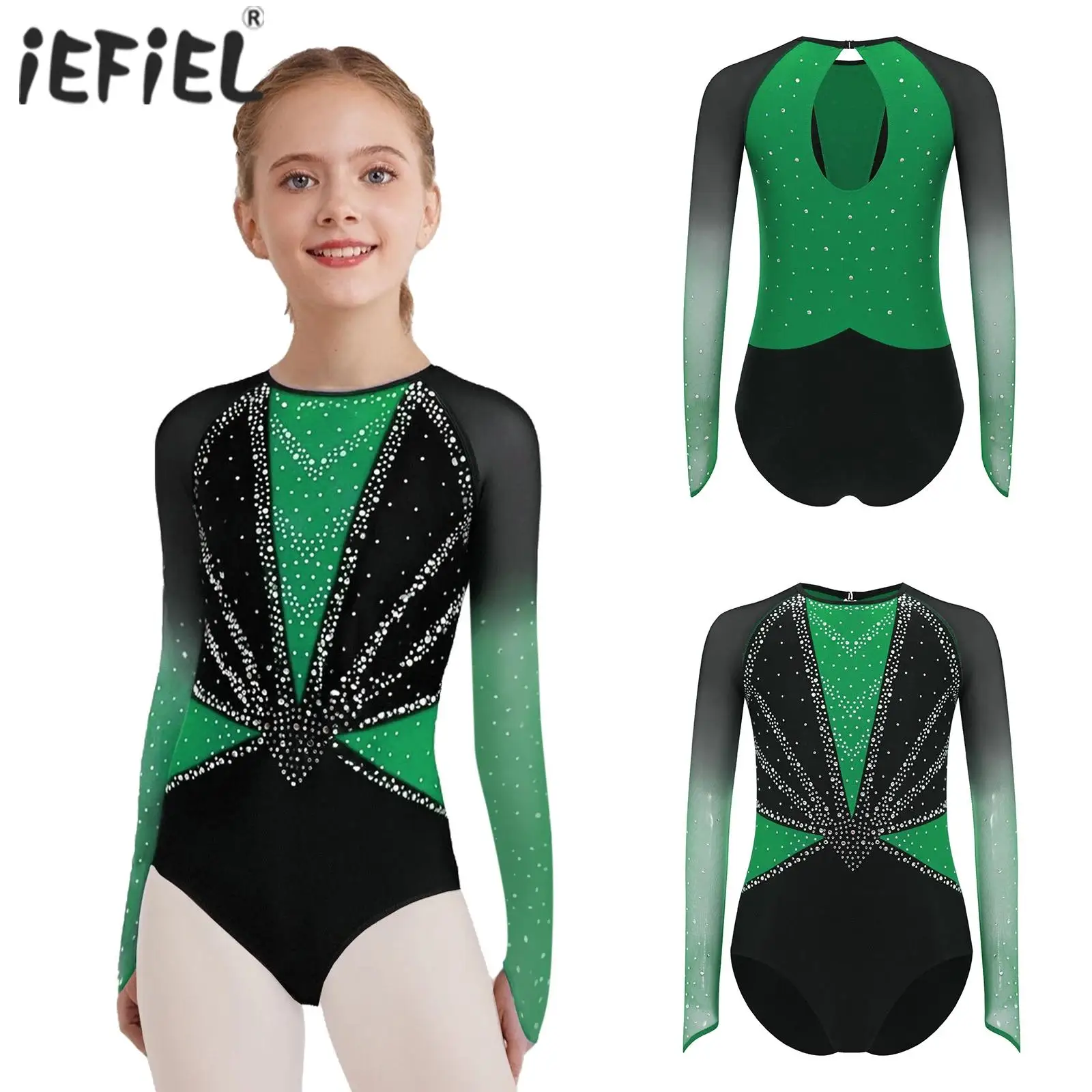 子供女の子バレエ体操レオタード叙情的なダンスバレリーナパフォーマンス衣装ラインストーンボディスーツメッシュ袖付きダンスウェア