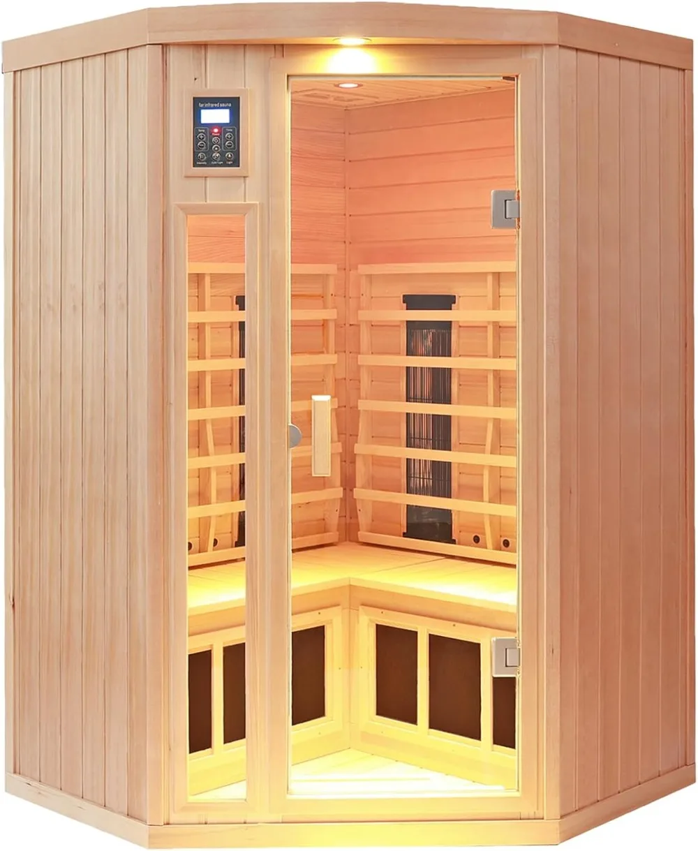 Ceramic Infrared Sauna 2-3 Person Far Infrared Saunas for Home Low EMF Indoor Home Sauna Hemlock Wooden Corner Sauna