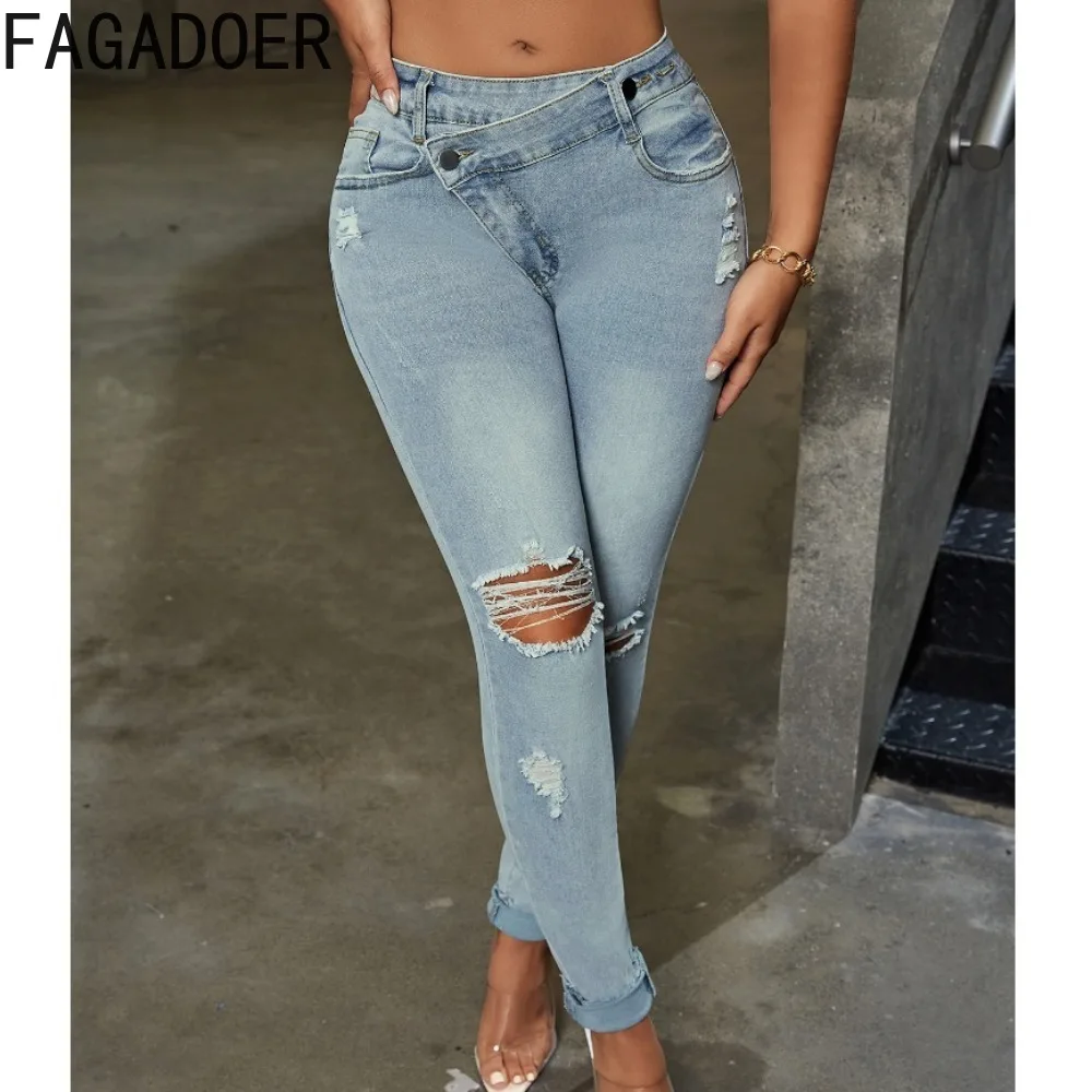 

FAGADOER Light Blue Fashion Hole Denim Skinny Pencil Pants Women High Waisted Button Jean Trousers Female Elastic Cowboy Bottoms