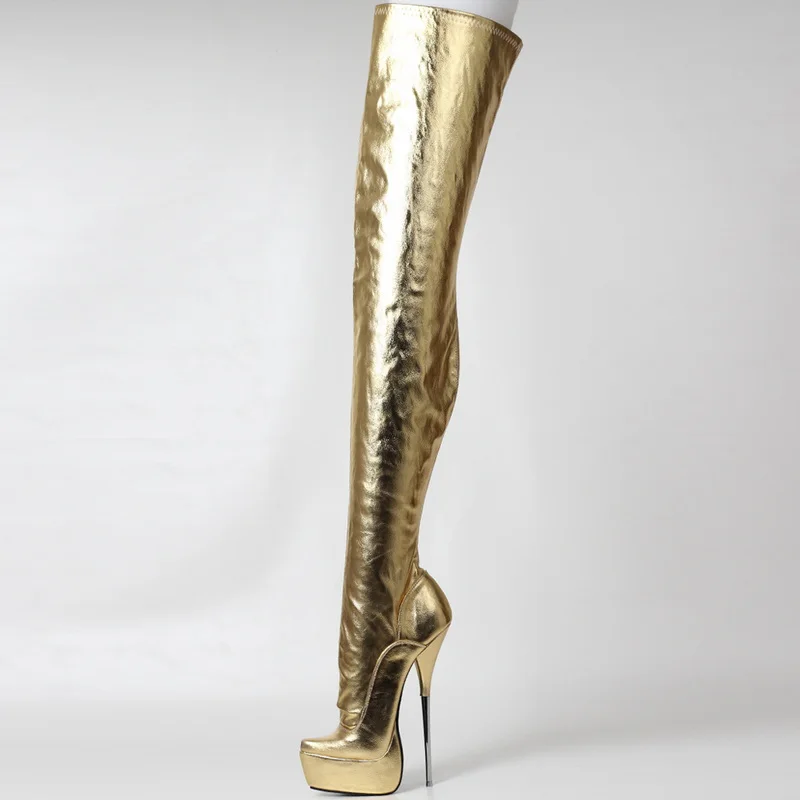 CACA Thigh High Bellet Boots,21cm Stiletto Metal Heel Fetish Long Botas,Men Dance Shoes,Sexy Platforms,Zipper,Gold,Custom Colors